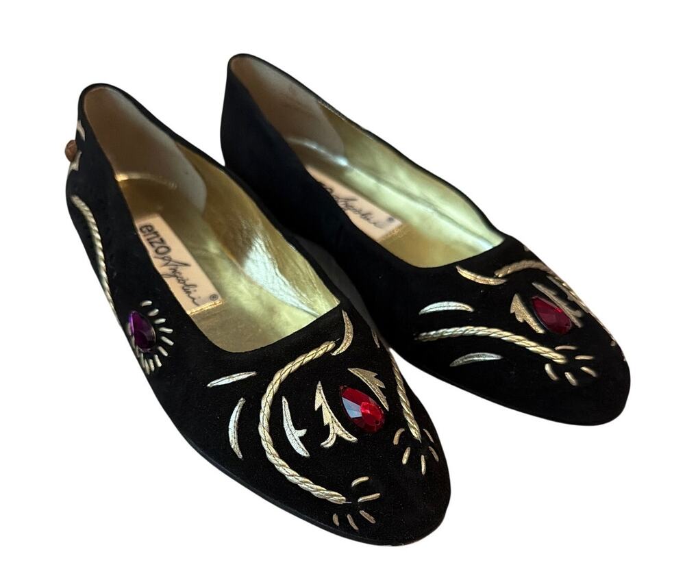 Vintage Enzo Angiolini Velvet Embroidered Jeweled Flats Size 8 M Black Gold